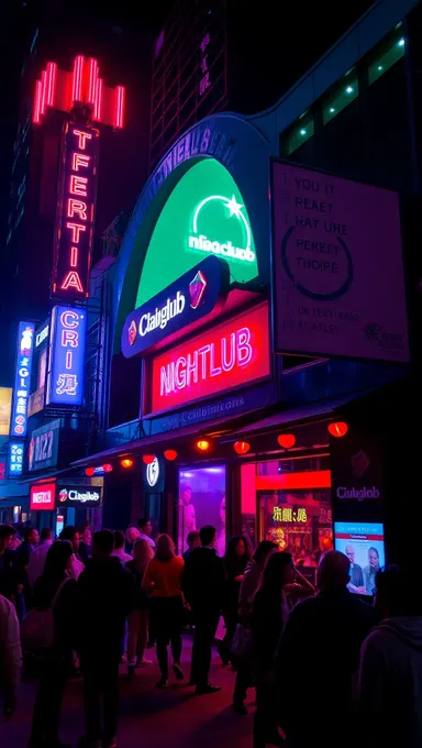 Neon-Lit Cityscape with Nightclub and Crowded Entrance