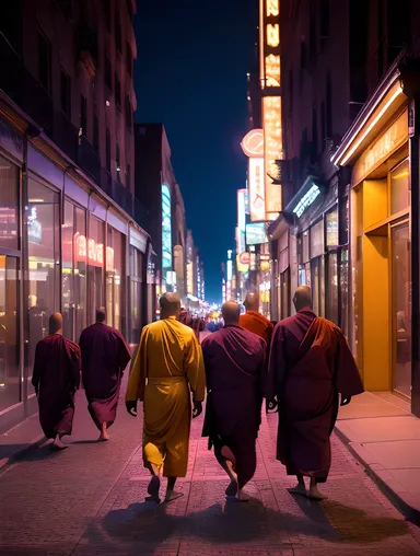 Neon-Lit Monks Walking in Cityscape AI Monk Photo: Footsteps of Light