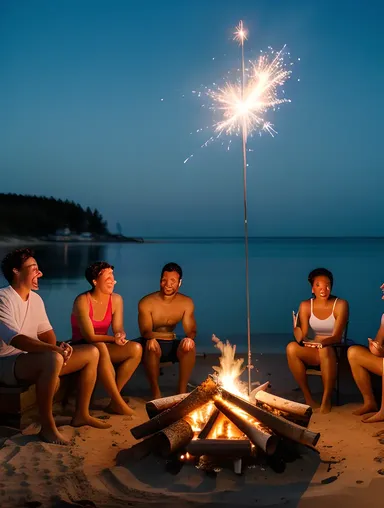 Nighttime Beach Scene with Friends and Sparklers Around Bonfire