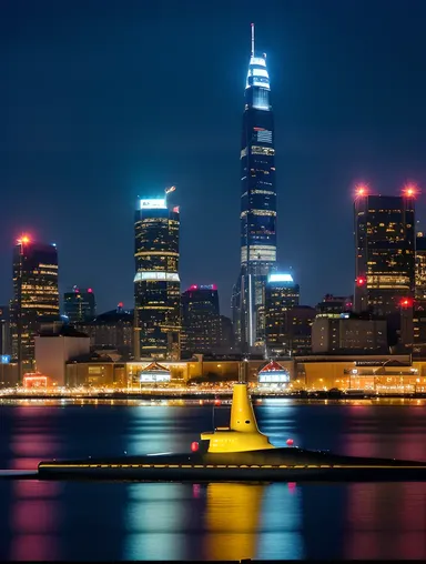 Nighttime Cityscape with theetam-inspired Submarine