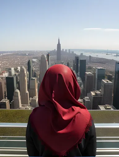 Niqab-Cloaked Girl Admires City Skyline View