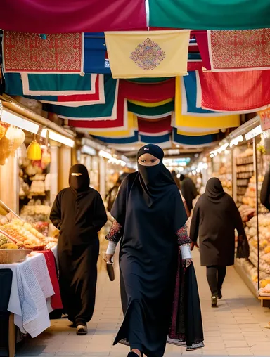 Niqab-Cloaked Girl Explores Colorful Market Stalls