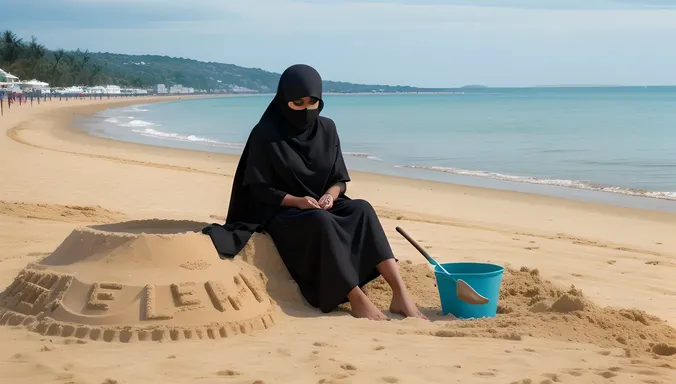 Niqab-Covered Girl Builds Sandcastles on Calm Beach
