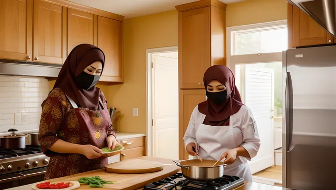 Niqab Girl Learns Cooking with Mother in Kitchen