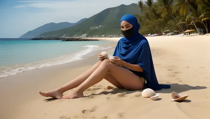 Niqab Girl Plays with Seashells on Beach