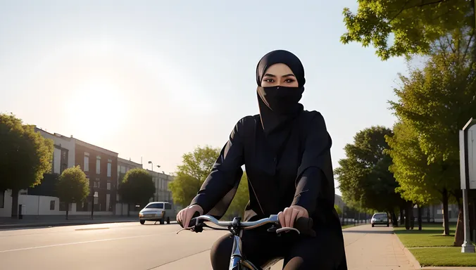 Niqab Girl Rides Bike with Wind in Hair
