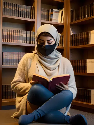 Niqab-Wearing Girl Reads Book in Cozy Library
