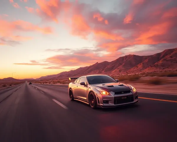 Nissan Skyline GTR R34 Racing on Desert Highway Sunset