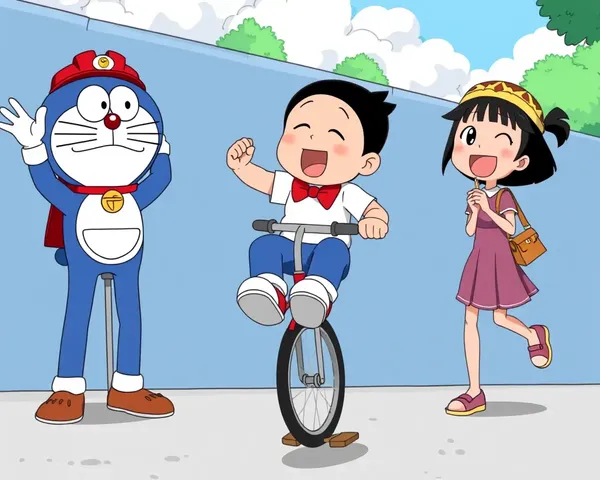 Nobita Learns to Ride Unicycle with Friends