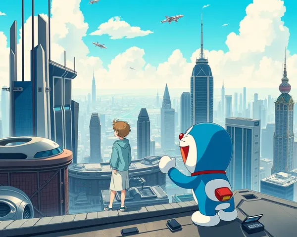 Nobita and Doraemon Admire Futuristic City View