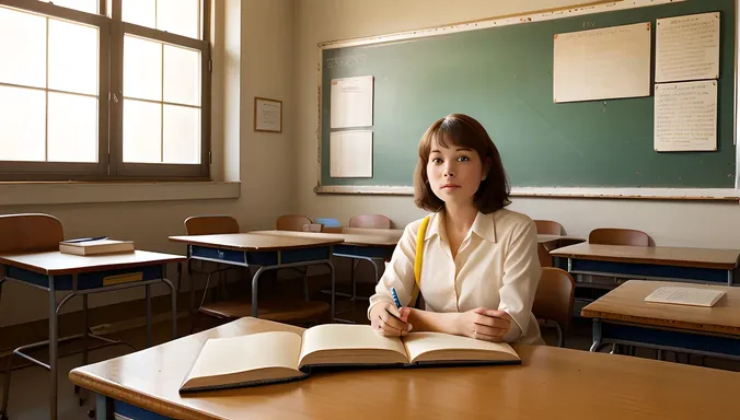 Nostalgic School Girl Studies in Vintage Classroom with Textbooks