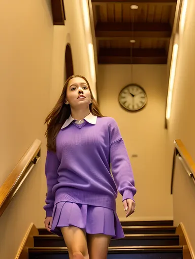 Nostalgic School Girl in Purple Sweater in Historic Building