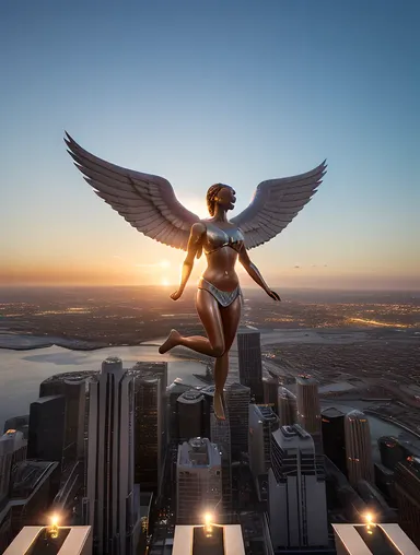 Nude Angel Floating in Mid-Air with Cityscape Below
