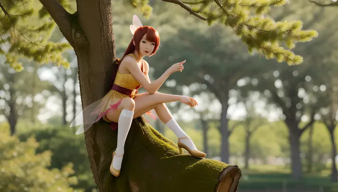 Nude Anime Fairy Sits on Ancient Tree Branch