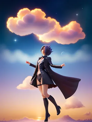 Nude Anime Figure Floats in Whimsical Clouds