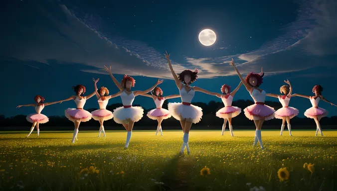 Nude Anime Figures Dance Under Full Moon Flowers