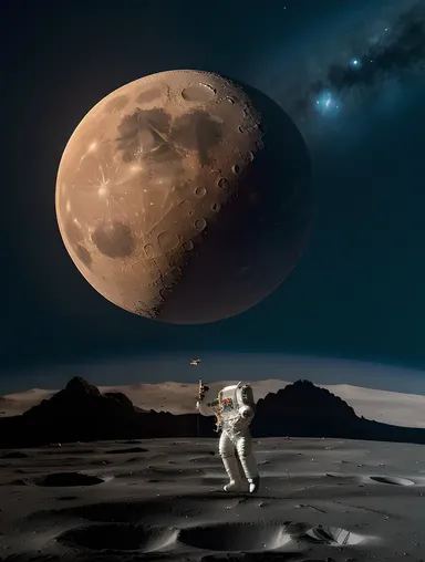 Nude Astronaut in Zero Gravity with Moon Cityscape