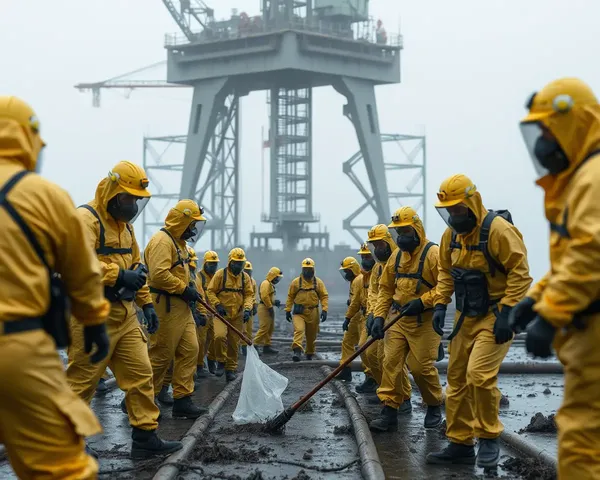Oil Spill Cleanup Effort with Oil Rig Background