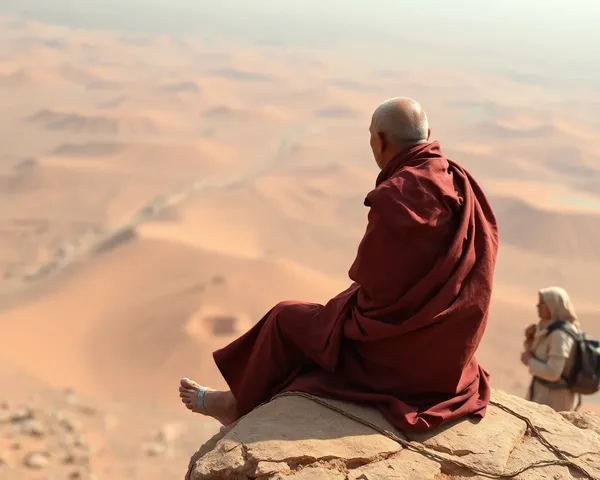 Old Monk Contemplates Solitary Desert Landscape