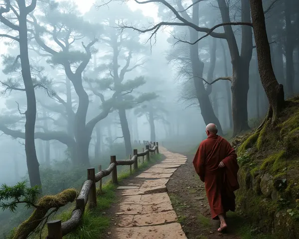 Old Monk Explores Winding Path in Misty Forest