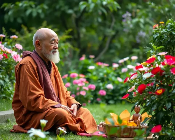 Old Monk Meditates in Peaceful Garden
