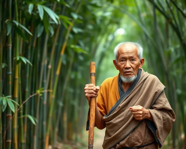 Old Monk Walking in Bamboo Forest with Wisdom