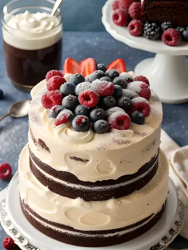 Ornate Black Forest Cake with Whipped Cream and Berries