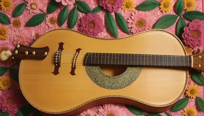 Ornate Sarangi Surrounded by Flowers and Leaves