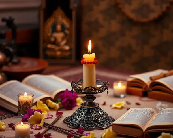 Ornate Shradhanjali Candle on Metal Stand with Flowers and Sacred Texts