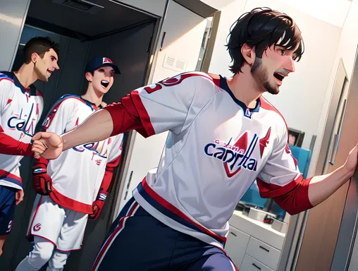 Ovechkin Celebrates Goal with Washington Capitals Teammates in Locker Room