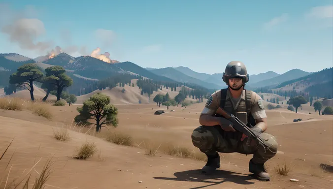 PUBG Player Crouches Behind Rock with Rifle