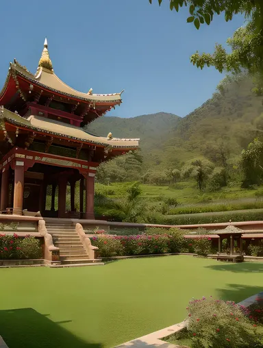 Panoramic View of Temple Complex with Lush Greenery