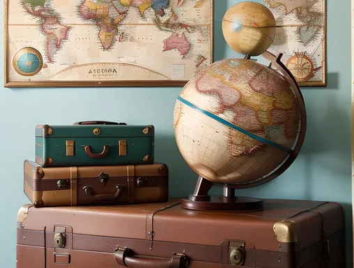 Paper Peacock Peeks from Behind Vintage Suitcases with Globe and Map