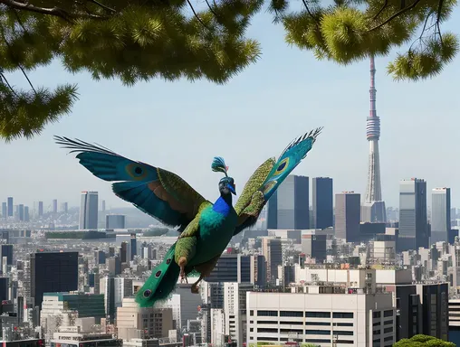 Paper Peacock Spreads Wings over Tokyo City Skyline