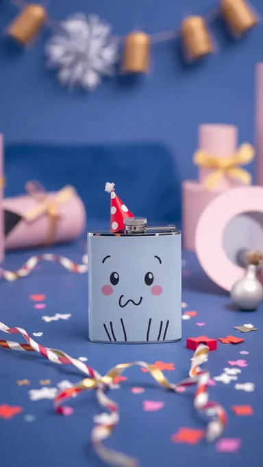 Party Flask Sits on Deep Blue Table with Festive Decorations