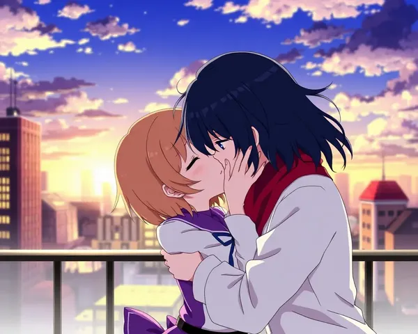 Passionate Anime Kiss in Cityscape or Fantasy Landscape