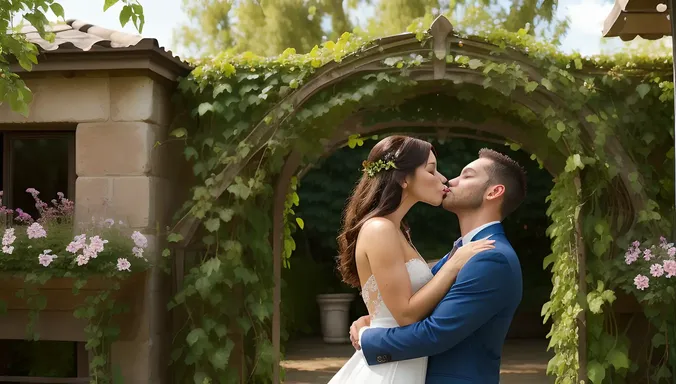 Passionate Couple's Garden Kiss in Pre-Wedding Shoot.