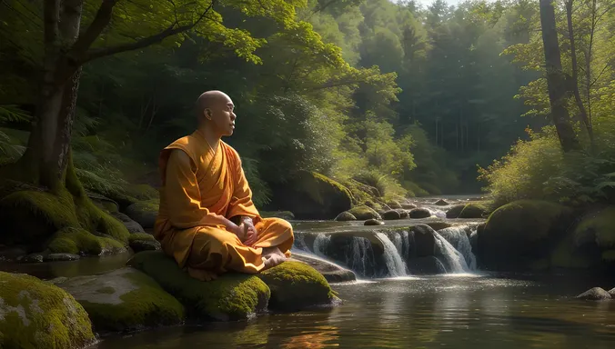 Peaceful AI Monk in Forest with Glowing Eyes