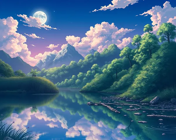 Peaceful Anime Lake Scene with Full Moon and Greenery