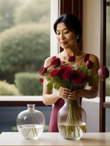 Peaceful Beauty Aunty Arranges Fresh Flowers