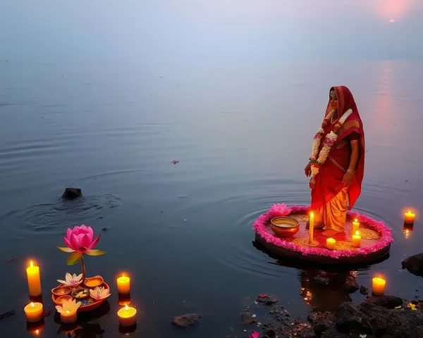 Peaceful Chhath Puja Ritual on Riverbank with Lotus Flowers and Candles