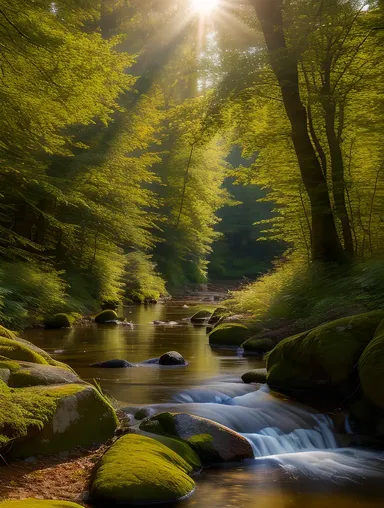 Peaceful Forest Glade Gentle Stream Sunlight Trees Image