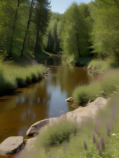 Peaceful Forest Glade with Wildflowers and Gentle Stream