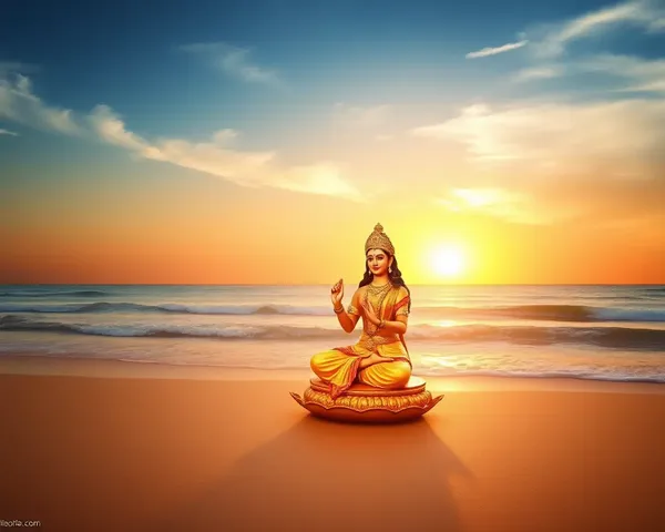 Peaceful Goddess Lakshmi on Beach Sunset Wallpaper
