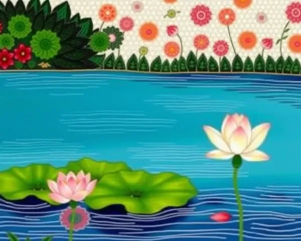 Peaceful Lotus Flower Madhubani-Style Wallpaper Scene