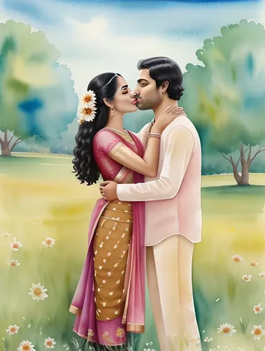 Peaceful Meadow Radha and Krishna's Soft Kiss