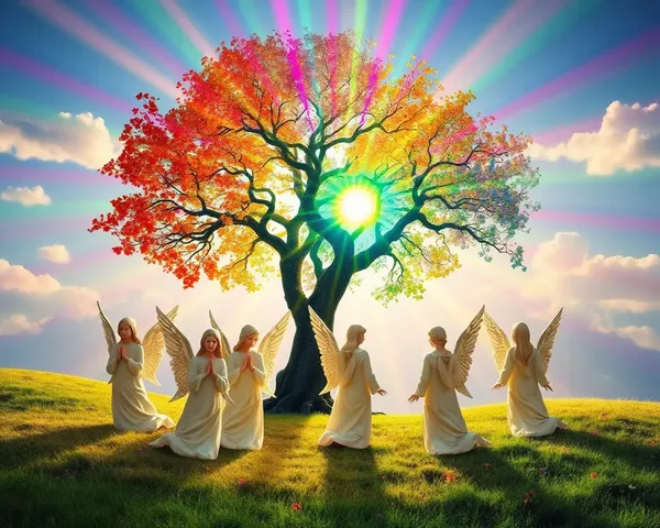 Peaceful Scene of Angels Around Radiant Tree in Kingdom of Heaven