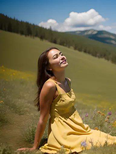 Peaceful School Girl in Yellow Sundress on Grassy Hill