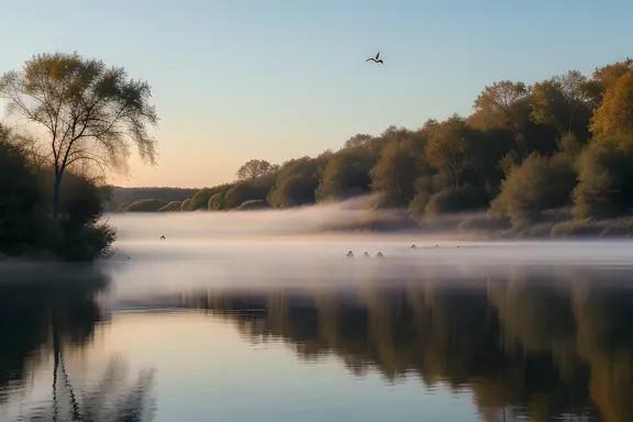Peaceful lake at dawn with mist and birds zzzzzz.