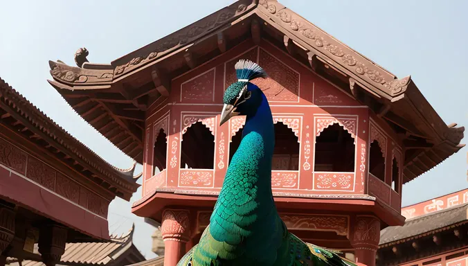 Peacock Adorns Indian Temple Roof with Vibrant Stone Carving Pictures